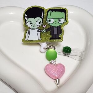 Valentine Badge Reel Frankenstein Badge Clip ID Holder Valentines Day Heart